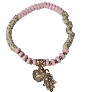 Pink White Beaded Charm Bracelet Gold Hamsa Hand of Fatima Heart Love Charms